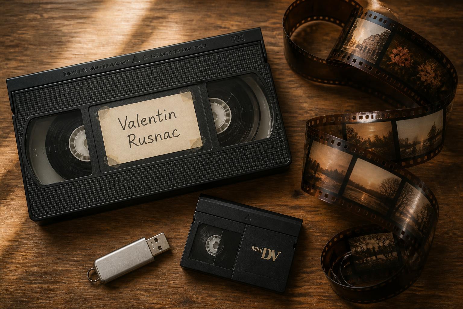 Casete video VHS și MiniDV, bandă de peliculă 35 mm și stick USB pe masă de lemn